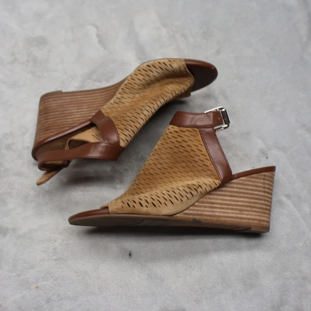 Franco Sarto Womens 7M Martha Sandals Brown Wedge Leather Laser Cut Suede‎ Boho